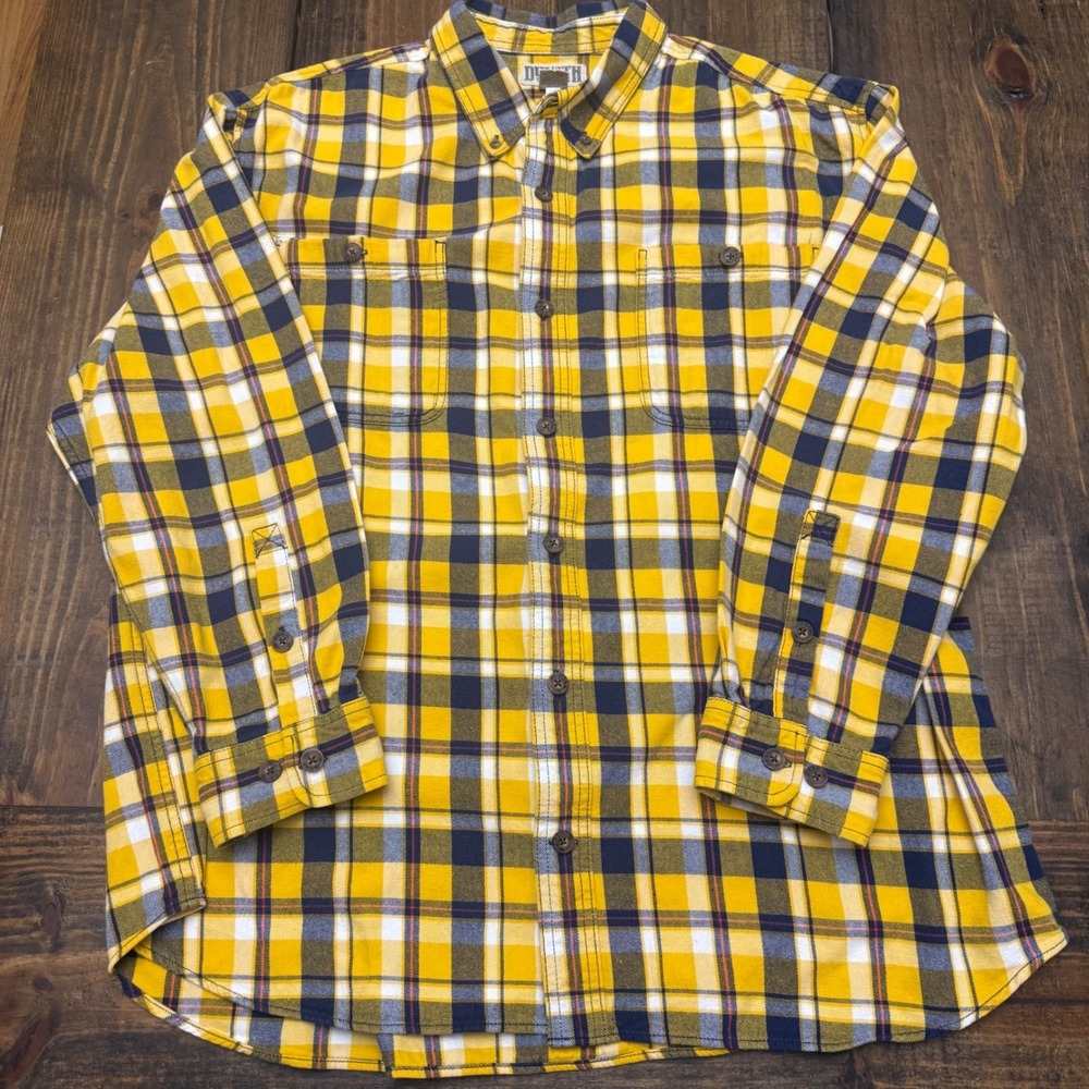 Duluth Trading Co Mens 2XL Yellow Navy Blue‎ Plaid Flannel Button Down Shirt